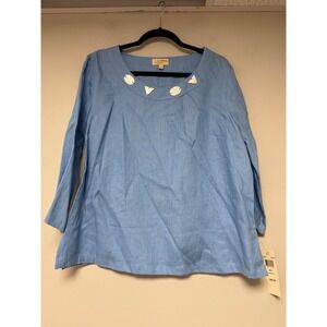 Weekend Choices Women's Blue Linen Blend Embellished Neckline 3/4 Sleeve Top L